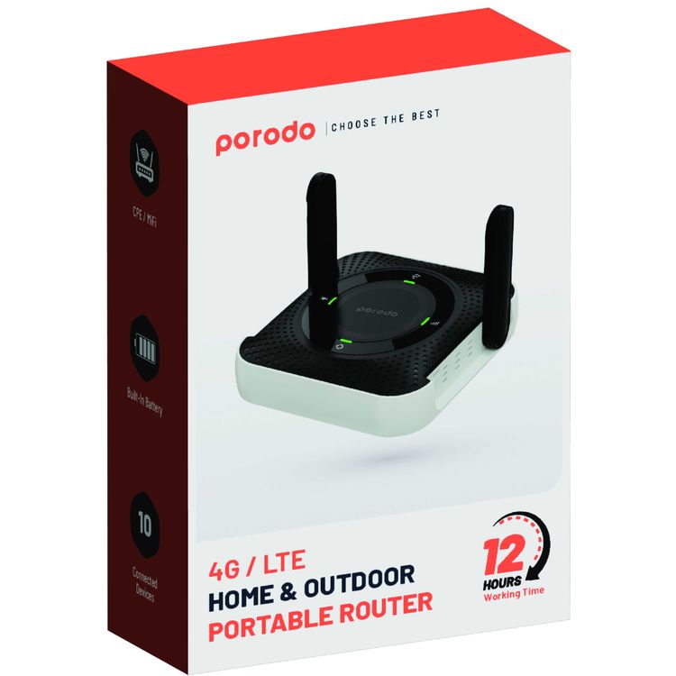 Porodo Home & Outdoor Portable Router 4G & LTE, 40m Signal Distance, 12 Hours Working Time, Up-to 10 Devices Connection Ability, 100Mbps LAN, Built-in Battery, Micro SIM, CPE & MiFi, CAT4 Category, 150Mbps Download Rates & 50Mbps Upload Rates - Black