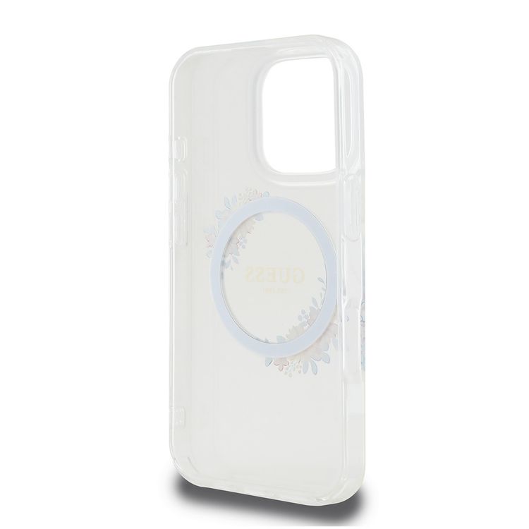 Guess Magsafe IML Hard Case with Flower Wreath Design for iPhone 16 Pro Max, Lightweight, Comfortable and Secure Grip, High Quality Material - Transparent