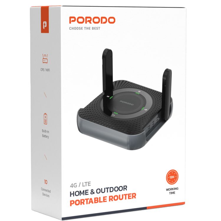 Porodo Home & Outdoor Portable Router 4G & LTE, 40m Signal Distance, 12 Hours Working Time, Up-to 10 Devices Connection Ability, 100Mbps LAN, Built-in Battery, Micro SIM, CPE & MiFi, CAT4 Category, 150Mbps Download Rates & 50Mbps Upload Rates - Black / Gray