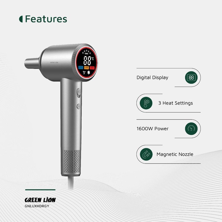 Green Lion LUXAIR Hair Dryer with 1600W Rated Power, 3 Heat Settings, Magnetic Nozzle, Digital Display, Thermostat Control, 2 Wind Speeds - Gray 
