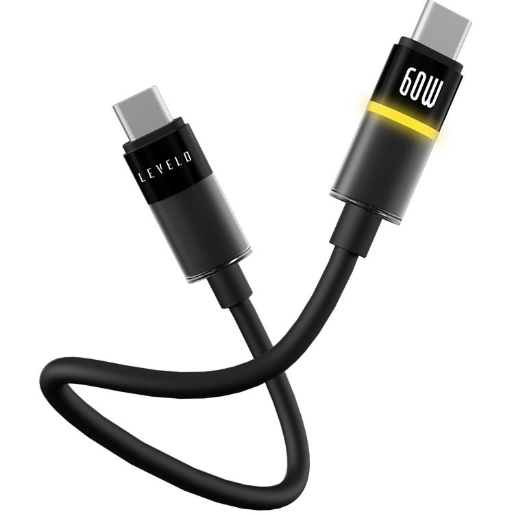 Levelo Luno USB-C to USB-C Cable with 60W Power Delivery, 1m Cable Length, 480Mbps Data Transfer Speed, Silicone Material, Tangle-Free, LED Indicator - black