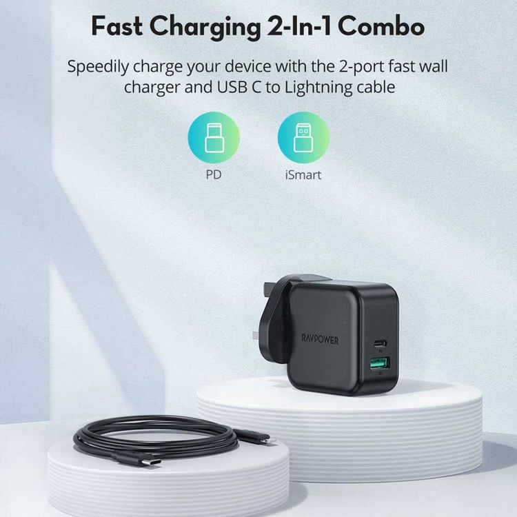 RAVPower 2-Pack PD Pioneer Dual Port Wall Charger Combo 18W with Cable Compatible iPhone Lightning Devices - Portable Power Adapter with iSmart Fast Charging - Black