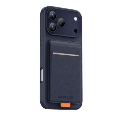 Green Lion Regal MagSafe Leather Case with Card Holder for iPhone 17 Pro Max, Anti-Fingerprint, Foldable Stand, Camera Protection, Comfortable Grip, Anti-Scratch, Shock Absorption - Blue