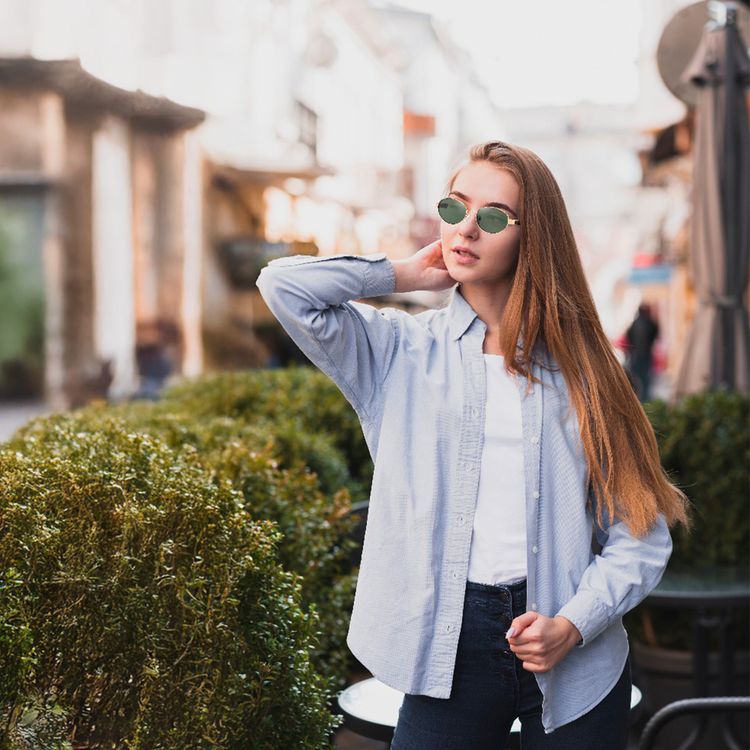 نظارات شمسية من جرين ليون أوريانت مزودة بحماية UV400، عرض العدسة 52 مم، إطار ملائم بشكل مريح، وضوح بصري، عرض الجسر 18 مم، عرض الذراع 145 مم، وسادات أنف من السيليكون، إطار بيضاوي رجعي - ذهبي