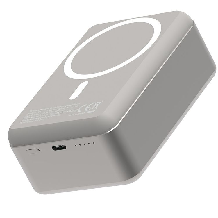 Powerology 30000mAh MagSafe Aluminum Power Bank with 20W Power Delivery, 15W Wireless Output, Li-Polymer Battery, Simultaneous Charging, Compact Design - Titanium