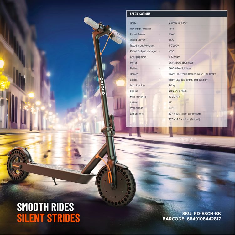 Porodo Lifestyle Electric City Scooter Pro with Integrated Phone Mount & Helmet, Up to 30km/h Speed, 80kg Load Capacity, 8.5" Wheelbase, 12° Incline, Front Electronic Brakes & Rear Disc Brakes, Front LED Headlight & Tail Light - Black
