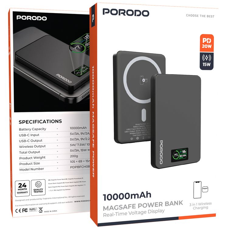 Porodo 10000mAh Power Bank with Real-Time TFT Smart Display, Type-C Input & Output, 20W PD Fast Charging, 15W Wireless Charging, Compatible with MagSafe, Smart Temperature Control - Dark Gray