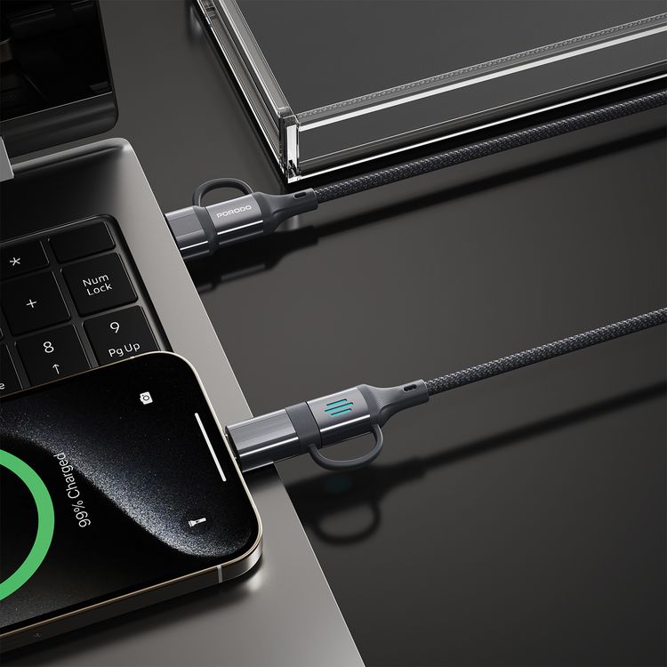 Porodo 4-in-1 High-Speed Charging Cable with Braided Material, 1m Cable Length, 240W Power Delivery, Aluminum Alloy Material, Tangle-Free Design, 480Mbps Data Transfer Speed - Gray