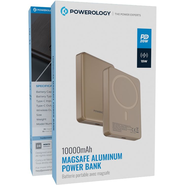 بنك الطاقة Powerology MagSafe من الألومنيوم بقدرة 20000 مللي أمبير في الساعة مع مؤشر لمستوى البطارية، تصميم خفيف الوزن وصغير الحجم، شحن سريع ومتزامن، مدخل ومخرج من النوع C، مخرج لاسلكي 15 وات - تيتانيوم