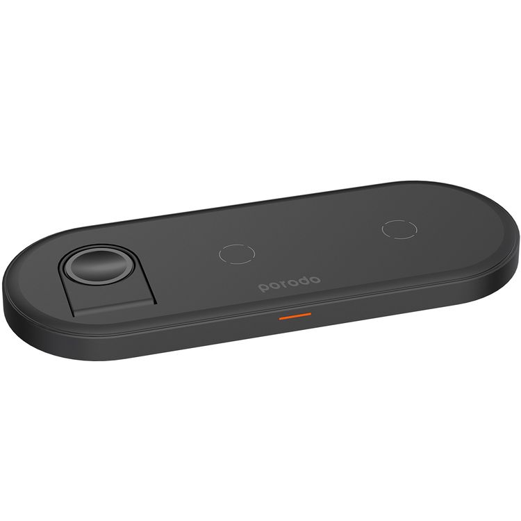 Porodo 4-in-1 Slim Charging Base with Built-in Foldable Watch Charger, Type-C Cable Included, Up to 10W Fast Wireless Charging, Overcharge & Overheat Protection - Black