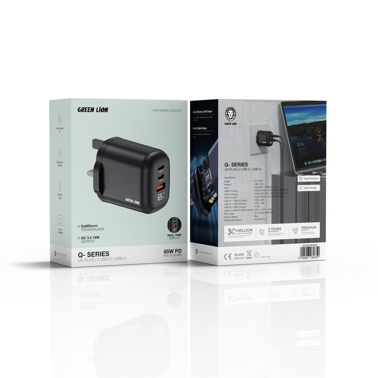 شاحن حائط جرين ليون Q-SERIES بقوة 65 واط مع قابس UK، يحتوي على منفذين Type-C ومنفذ USB-A، شحن سريع، من مادة PC مقاومة للحريق، شاشة عرض في الوقت الحقيقي، تقنية GaN عالية الكفاءة - أسود.