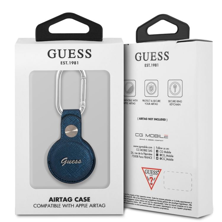 CG MOBILE Guess Saffiano PU Script Logo Case with Dog Clip for Airtag, Portable Protective Skin Cover, Anti-Lost Holder with Keychain Officially Licensed - Blue