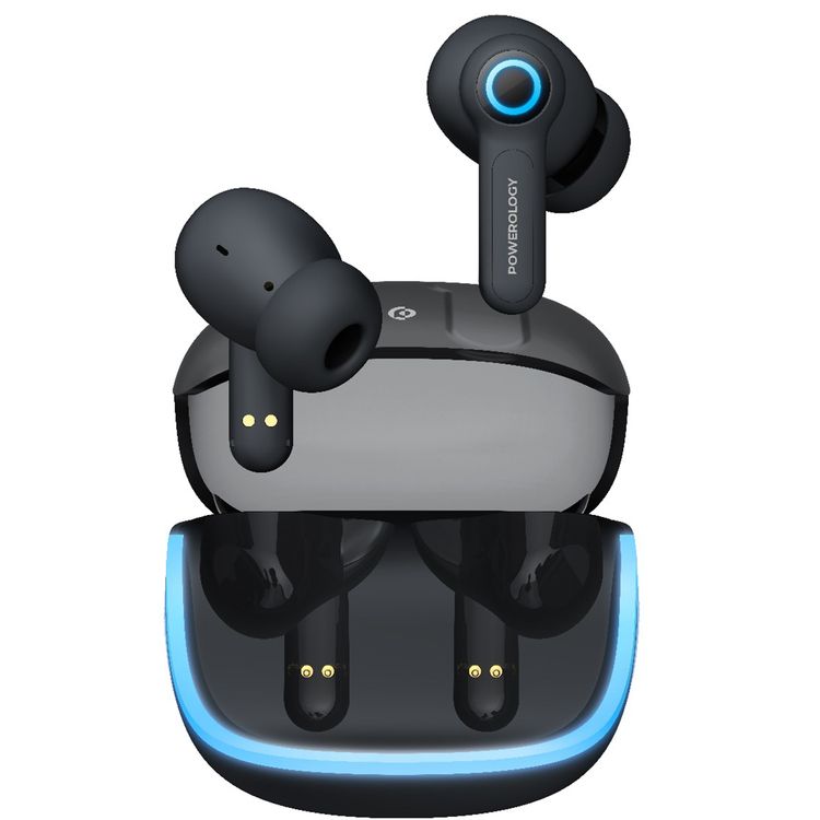 Powerology Quad Mic ENC True Wireless Earbuds, 6h Playtime, Bluetooth 5.3, Type-C Charging, 10m Transmission Distance, RGB Lights - Black