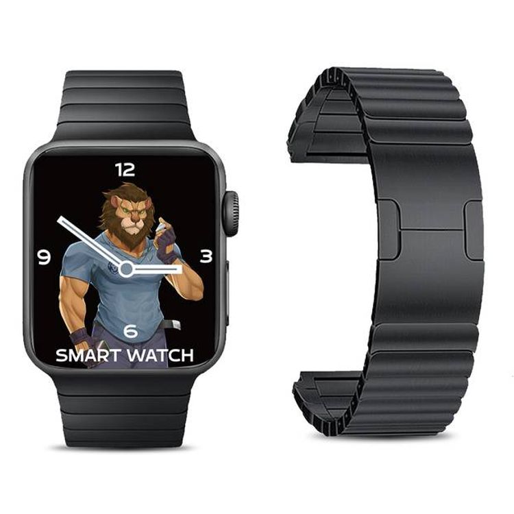 Green Lion Acero Correa Link Bracelet Watch Strap for Apple Watch 42/44mm, Double-lock Folding Buckle, Soft & Comfortable Fit, Easy Installation - Black