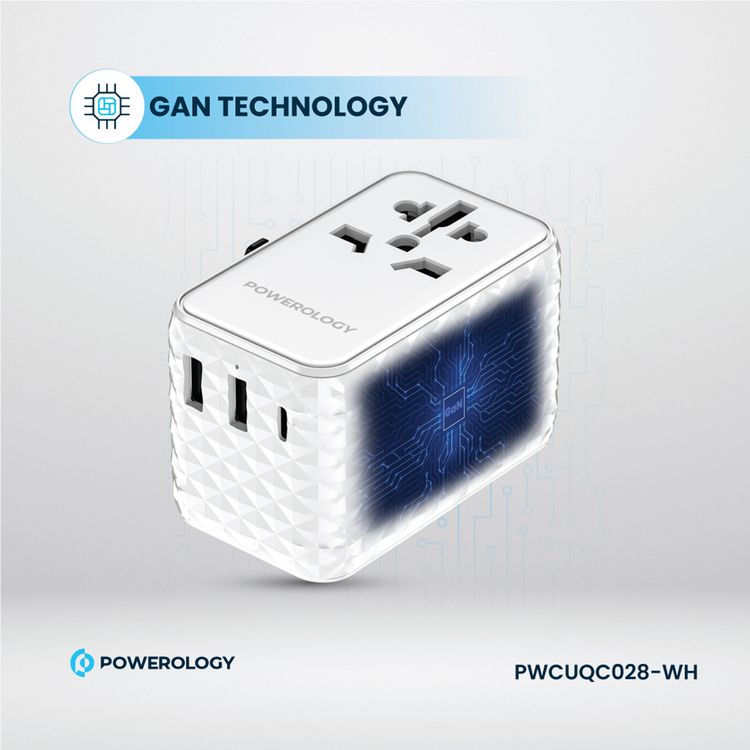 Powerology GaN 20W PD Universal Adapter with Retractable Type-C Cable, Simultaneous Charging, Includes Spare Fuse, Built-In Safeguard - White