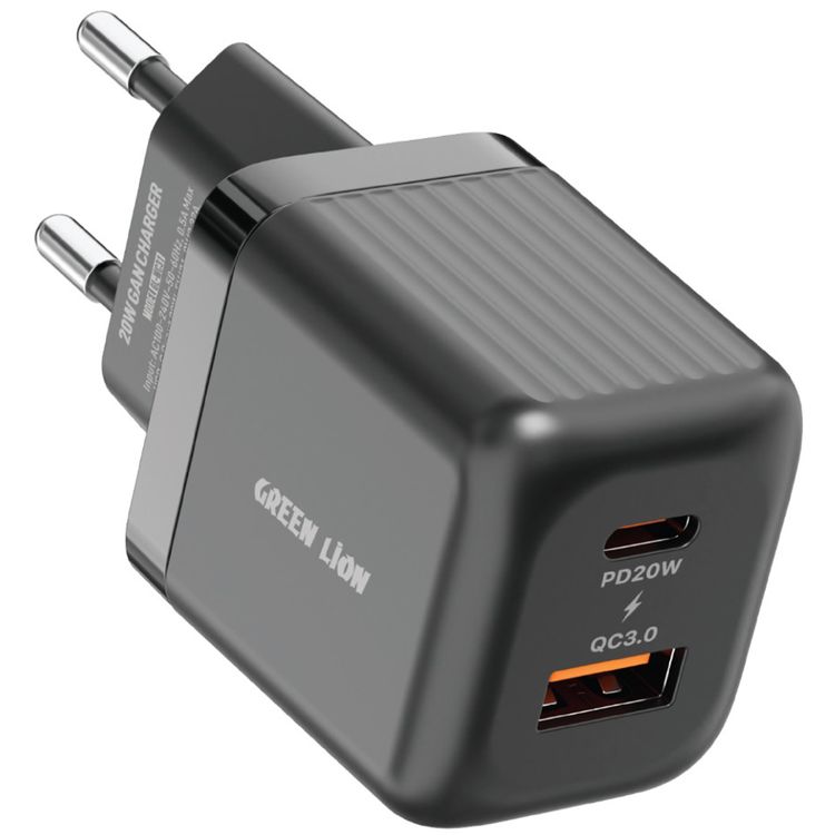 Green Lion Ultra Compact GaN Wall Charger with Dual USB-C & USB-A Ports and USB-C to USB-C Cable, PC Flame Retardant Material, Fast Charging Support, Charging Protection, Universal Compatibility, Ultra Portable - Black