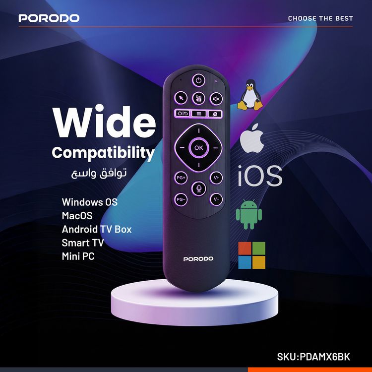 Porodo Miko Mini Keyboard with 34 Hours Working Time, 6-Axis Gyro Sensor, Google Voice Search, Air Mouse Control, Smart Infrared Learning, Adjustable Cursor Speed, Voice Command Control, Adjustable Lightning Modes, Bluetooth Version 5.2- Black