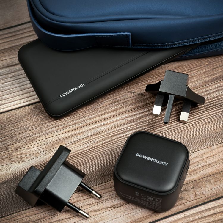 Powerology 5-in-1 Universal Power Combo with Power Bank, Universal Travel Charger & Fast-Charging Cables, 10000mAh PD Power Bank, 38W Charger, Carry Bag Included- Black