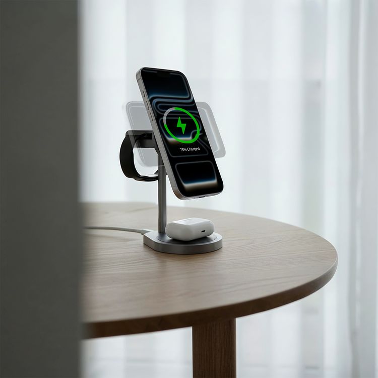 Powerology Eifel 3-in-1 Wireless Charger with Stable and Secure Hold, Energy-Efficient Design, Charging and Data Sync Cable, Strong Magnetic Hold, Built-in Safeguards, Multi-Device Charging, ≤4 mm Transmission Distance, 1m USB-C to USB-C Cable Included, Fast Charge - Gray