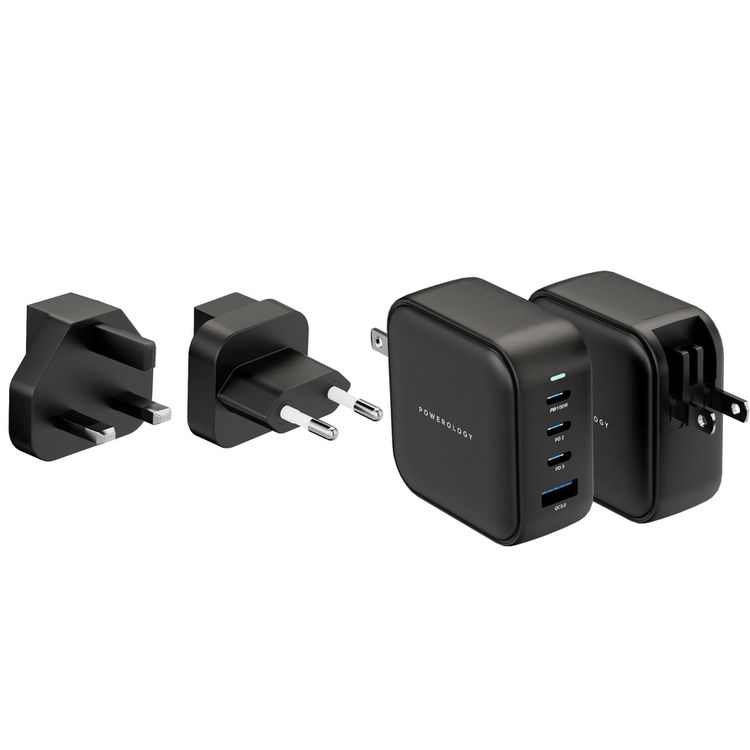 Powerology 100W Triple PD GaN Charger with EU & UK Plug, 3 USB-C Ports & USB-A Port, Built-in Safeguard, Multi Device Charging, Fast Charge, Laptop Charger - Black