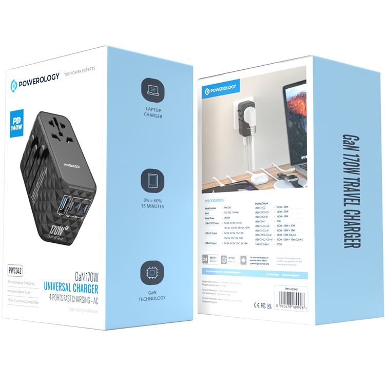 Powerology GaN 170W Universal Charger with 4 Fast Charging Ports & AC Sockets, 140W Power Delivery, Simultaneous Charging, 2500W Rated Power, Spare Fuse Included - Black