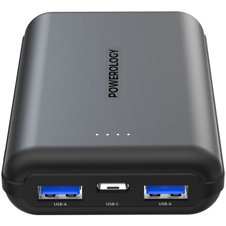 Powerology 10000mAh Power Bank with USB-C PD20w and 2xUSB-A QC 18W Port - Black