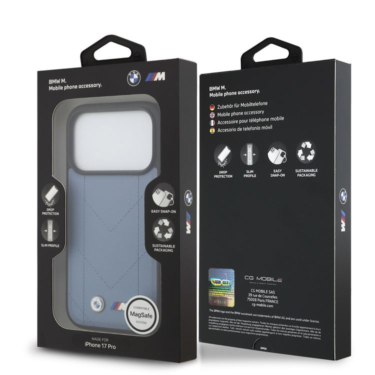 جراب BMW MagSafe مصنوع من الجلد المضفر PU بشعارات معدنية لهاتف iPhone 17 Pro، بملف نحيف، تصميم سهل التركيب، تعبئة مستدامة، حماية من السقوط - أزرق