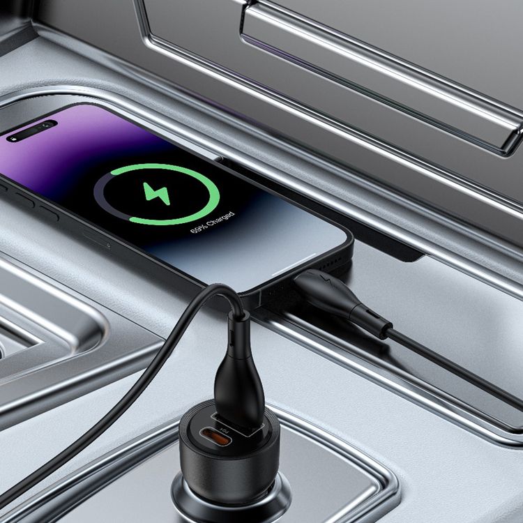 Green Lion Roadvolt Dual Port Car Charger with USB-C to Lightning Cable, 60W Total Output, USB-C & USB-A Ports, Compact Design, Charging Protection & Multi-Device Charging - Black