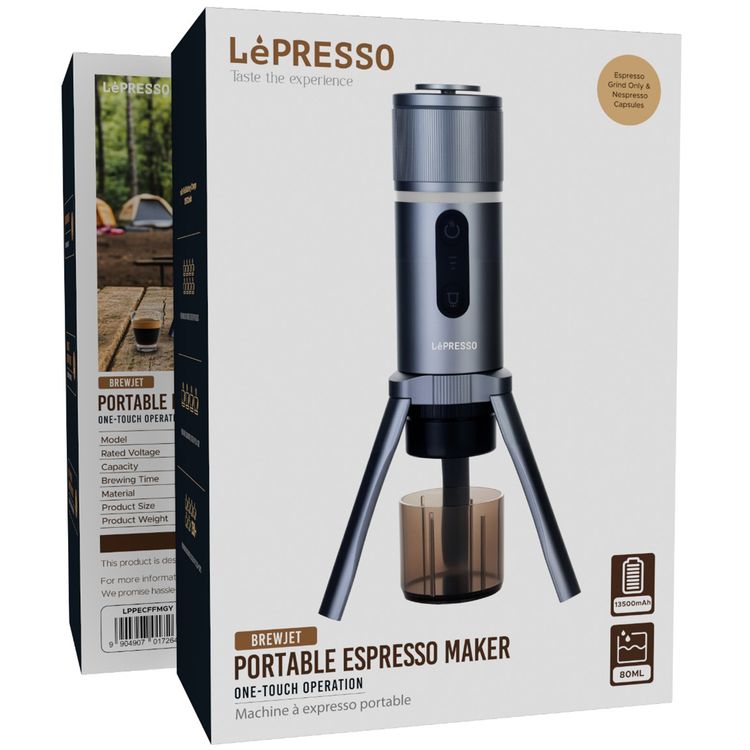 LePresso Portable Espresso Maker with 80mL Capacity, 13500mAh Battery, One-Touch Operation, Quick Brewing Time, Compatible with Espresso-Ground Powder & Nespresso Capsules - Gray