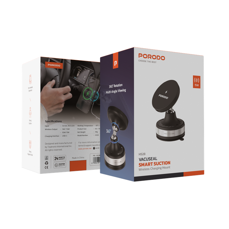 Porodo Vacuseal Smart Suction Wireless Charging Mount with Multi-Angle Viewing, 5-15W Total Output, USB-C Charging Interface, 360° Rotation, Strong Magnetic Hold, Strong Suction, One-Handed Operation - Black
