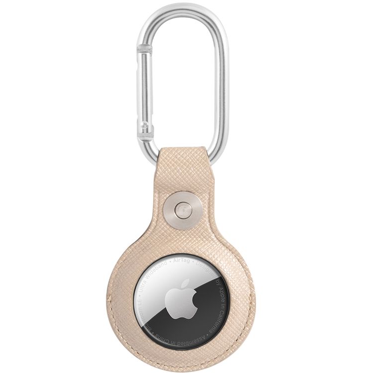 CG MOBILE Guess Saffiano PU Script Logo Case with Dog Clip for Airtag, Portable Protective Skin Cover, Anti-Lost Holder with Keychain Officially Licensed - Beige