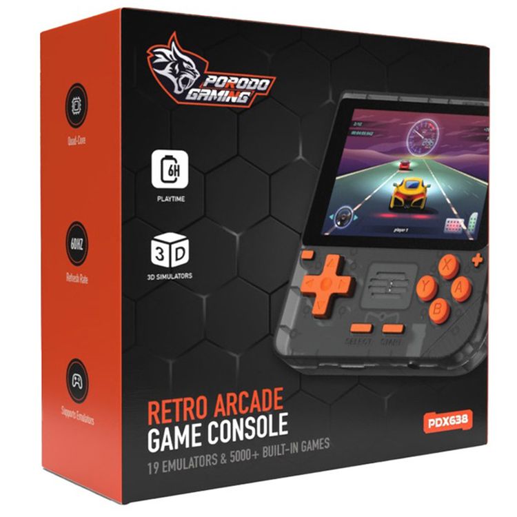 وحدة تحكم ألعاب Porodo Gaming Retro Arcade، محاكي ثلاثي الأبعاد، تصميم مريح، تشغيل صوتي غامر، شاشة IPS مقاس 3.5 بوصة، عمر بطارية 6 ساعات، بطارية 3000 مللي أمبير في الساعة - أسود / برتقالي 