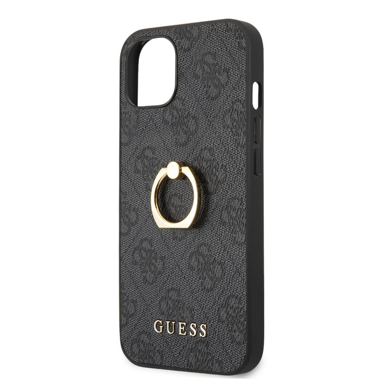 CG MOBILE Guess PU Leather 4G Case with 360° Rotating Ring Grip Holder Stand Compatible for iPhone 13 Mini (5.4") Suitable with Wireless Charging Officially Licensed - Black