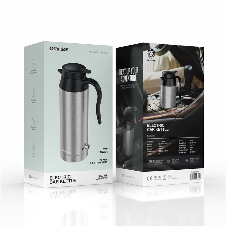 Green Lion Electric Car Kettle with LED Indicator, Food-Grade Materials, Heat Resisting Handle, Double Wall Vacuum Insulation, 120W Rated Power - Silver 