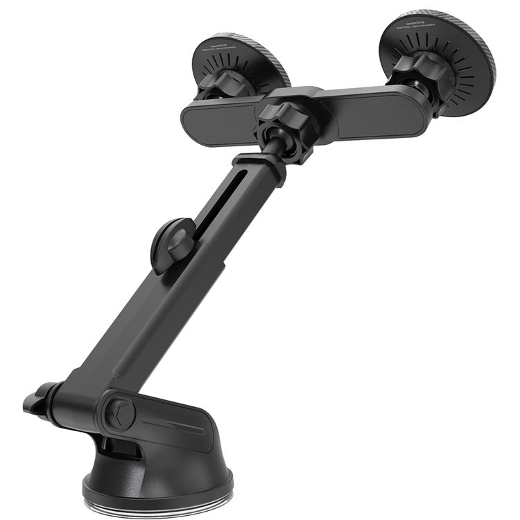 Porodo DAX-L Dual MagSafe Car Phone Mount with 360° Adjustable Telescopic Arm, Dual Phone Holder, Strong Suction Base, Lock and Unlock Function, ABS Material, Adjustable Height, Multi-Surface Mounting, 15× Strong N52 Magnets - Black