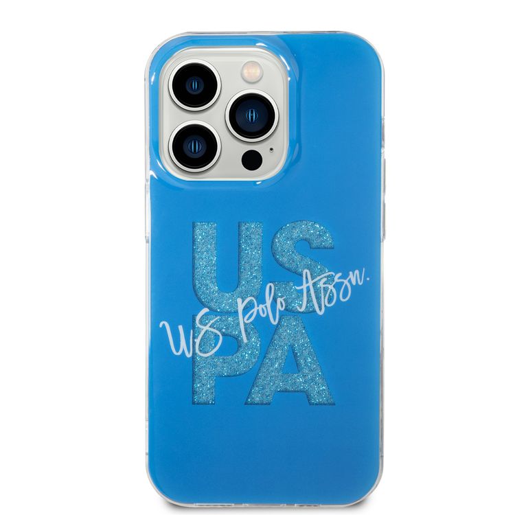 U.S.Polo Assn. IML Glitter Script Card Case for iPhone 15 Pro - Black - أزرق