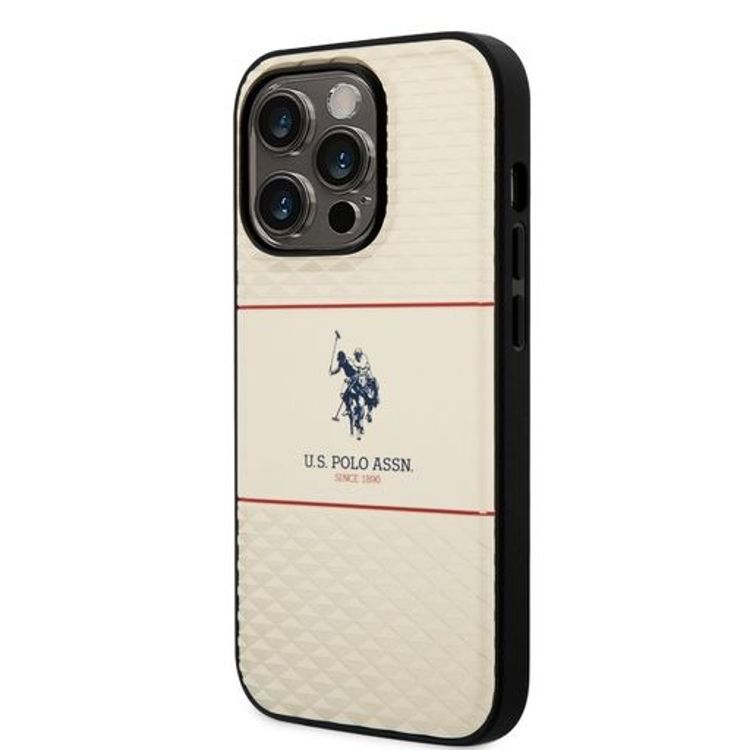 حافظة صلبة مخططة من US Polo لهاتف iPhone 14 Pro - البيج