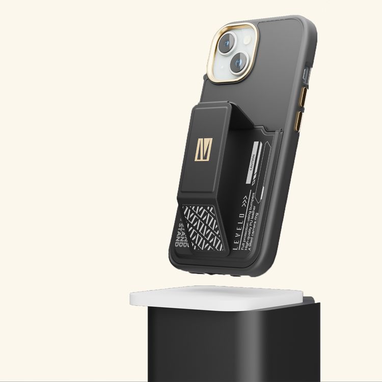 جراب Levelo Morphix Cuero Gripstand لهاتف iPhone 15 مع حامل بطاقات، أوضاع متعددة، مادة جلد البولي يوريثان، حواف مقاومة للصدمات - أسود