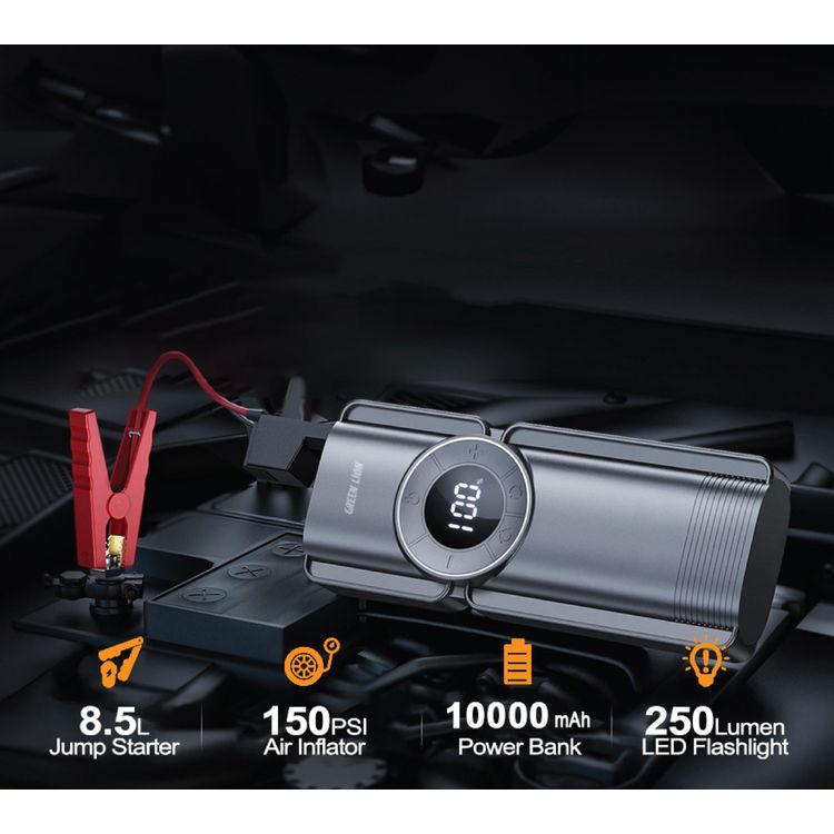 Green Lion Portable Jump Starter with Air Pump, 10000mAh Battery Capacity, Versatile Power Bank, LED SOS Mode - Black