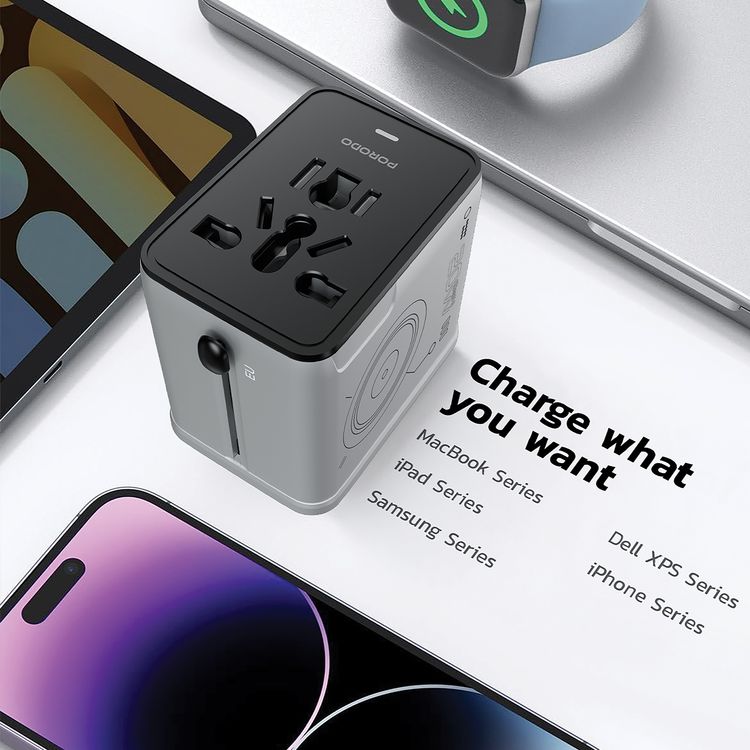 Porodo 2300W Universal Travel Adapter with PD 20W, QC 18W, USB-A & Dual USB-C Ports, Multiple Device Charging, EU / UK / US Power Plugs, Universal Compatibility - Silver / Black