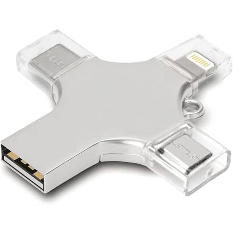 Green Lion 4-in-1 USB Flash Drive 512GB with High Speed Data Transfer, USB-A, USB-C, Micro USB & Lightning Connectors - Silver