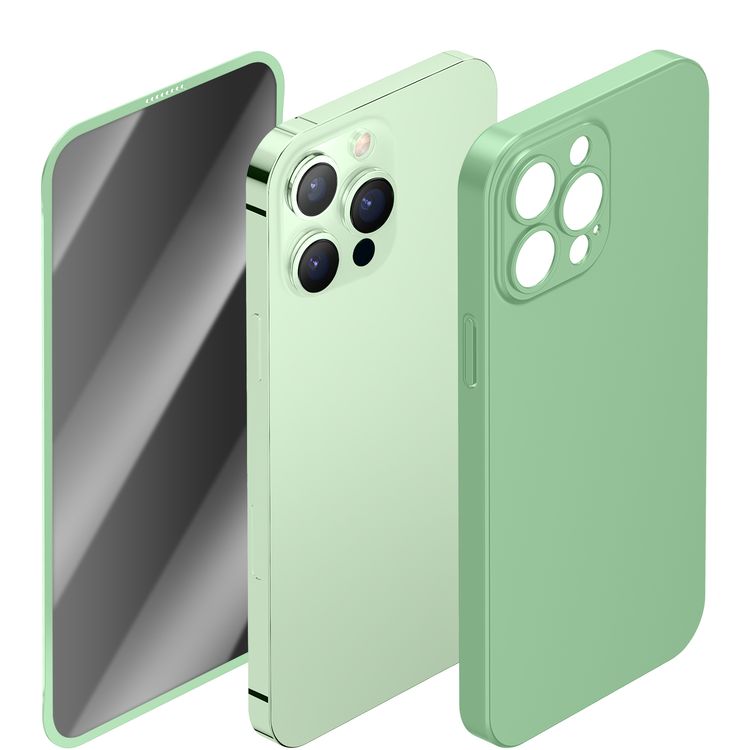 حزمة حماية جرين ليون 360° Carsaca Plus مع غلاف PC وواقي شاشة للحفاظ على الخصوصية لجهاز iPhone 13 Pro Max، مقاومة للخدوش وبصمات الأصابع، حماية كاملة بزاوية 360° - لون أخضر فاتح