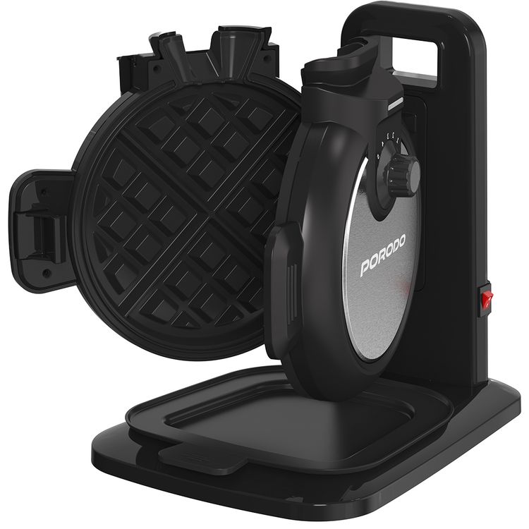 Porodo Vertical Waffle Maker with 5 Heat Levels, 210ml Capacity, 800W Power, Up to 5:30 Minutes Waffle Making Time, Non-Stick Plate, Batter Tray - Black