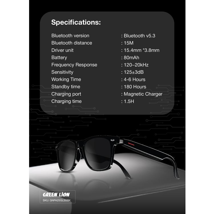 Green Lion Paris 2 Smart Glass with 4-6 Hours Working Time, Bluetooth Version 5.3, 80mAh Battery Capacity, 15m Bluetooth Range, 180 Hours Standby Time, Magnetic Charger, 1.5 Hours Charging Time, Built-in Microphone, UVA & UVB Protection, Touch Control - Black