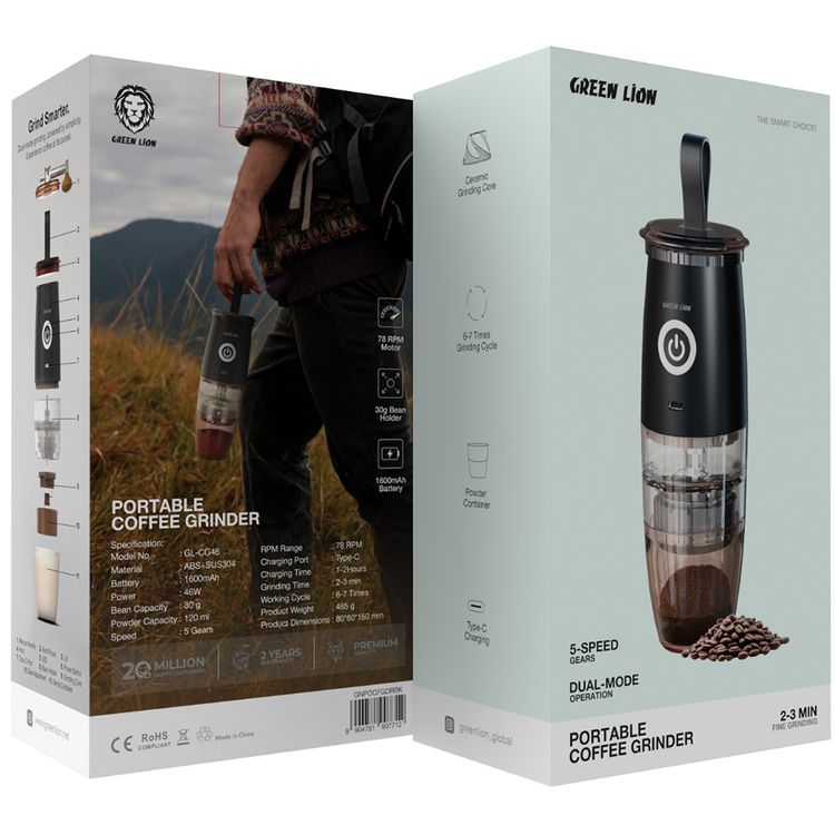 Green Lion Portable Coffee Grinder with Ceramic Griding Core, Powder Container, Type-C Charging Port, 78 RPM Motor, ABS + SUS304 Material, 30g Bean Capacity - Black