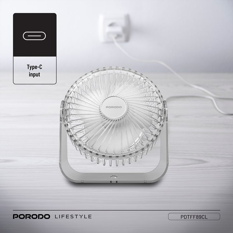 Porodo Portable Transparent Cooling Fan with Nightlight, 120° Oscillation, 3 Speed Levels, 3000mAh Battery Capacity, 3-9.5 Hours Working Time, 2.5 Hours Charging Time, ABS Material, Type-C Charging Interface, Whisper-Quiet Operation - Clear