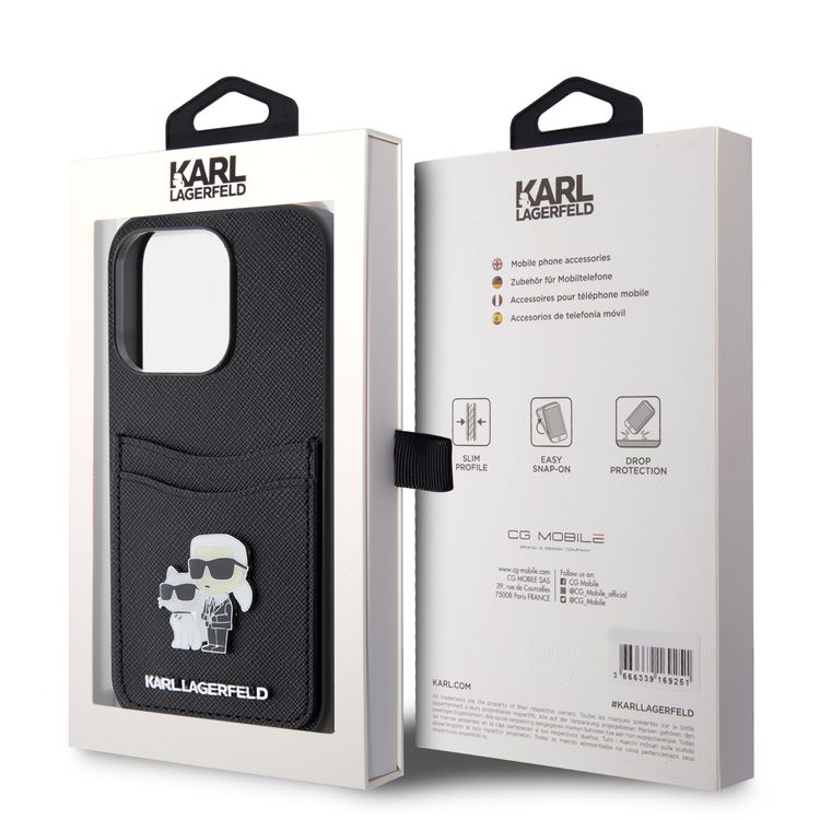 Karl Lagerfeld Saffiano Case with Cardslots and Karl Legerfeld Choupette Heads Metal Pin - Black - iPhone 15 Pro Max