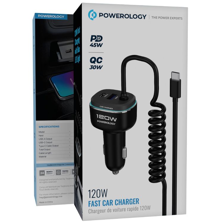 Powerology 120W Fast Car Charger, 0.3-1.2m Stretchable Cable, USB-C & USB-A Ports, Universal Compatibility, Fast Charge, 45W Power Delivery, 120W Total Output - Black / Gray