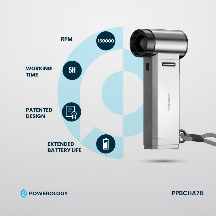 مروحة ومكنسة باورولوجي تيربو جيت مع 4 مستويات سرعة، مؤشر بطارية، تصميم محمي ببراءة اختراع، عمر بطارية ممتد، منفذ شحن Type-C - فضي