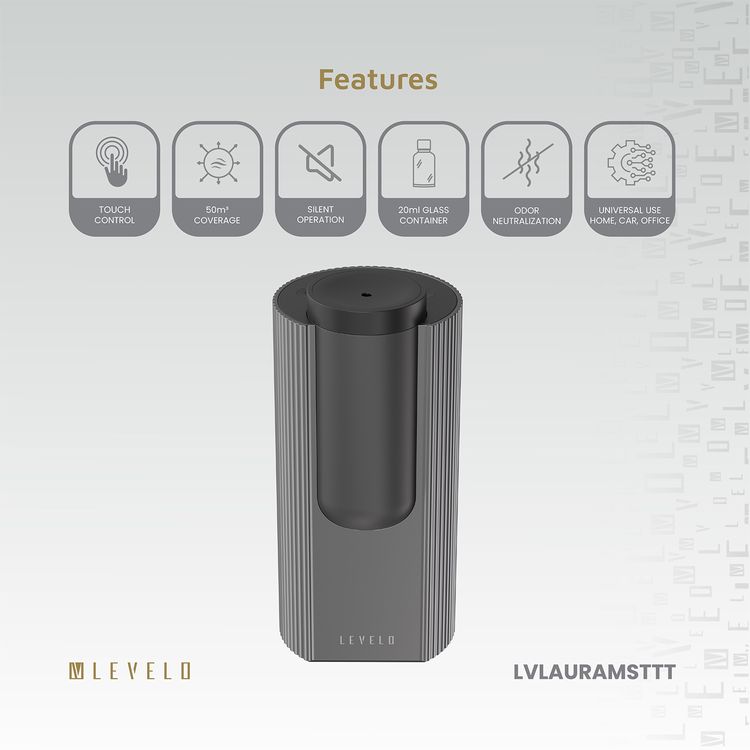 ليفيلو أوراميست موزع رائحة السيارة مع وعاء زجاجي 20 مل، تغطية 50 متر مربع، سعة بطارية 1200 مللي أمبير، كثافة قابلة للتعديل، تحكم باللمس، انبعاث رائحة قوية، تكنولوجيا الهواء البارد - تيتانيوم